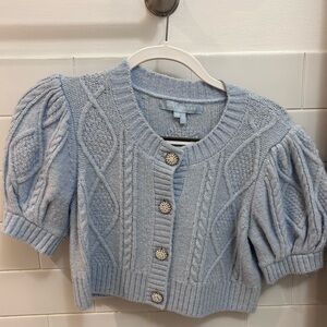 Hill House Cropped knit w/ pearl detail buttons. Baby blue. Puff sleeves.